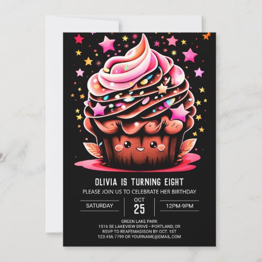 Elegante Digital Cupcake Girl zum Geburtstag Einladung (Vorderseite)