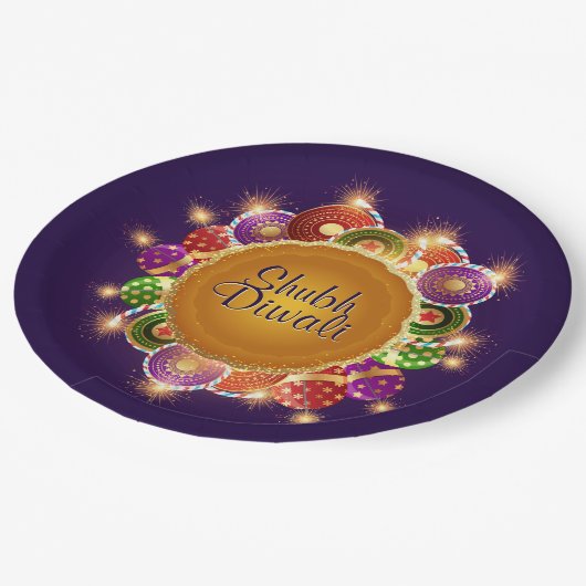 Elegante Diwali Farbenfrohe Feuerwerke Pappteller (Schrägansicht)