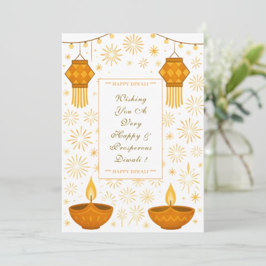 Elegante Diwali Lampen und Laterne mit Feuerwerken Karte (Stehend Vorderseite)
