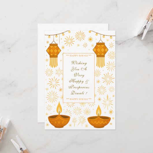 Elegante Diwali Lampen und Laterne mit Feuerwerken Karte (Vorderseite/Rückseite Beispiel)