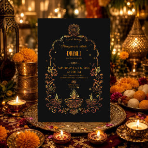 Elegante Diyas Schwarz und Gold Diwali  Einladung