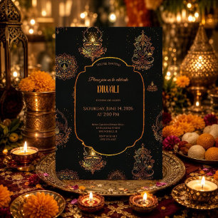 Elegante Diyas Schwarz und Goldene Diwali Einladung