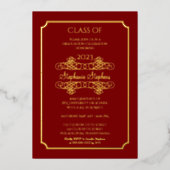 Elegante Dk Red University Graduation Party Gold Folieneinladung (Vorderseite)
