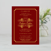 Elegante Dk Red University Graduation Party Gold Folieneinladung (Stehend vorne)