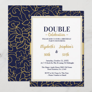 Elegante doppelte Geburtstagsfeier Navy Blau Gold  Einladung