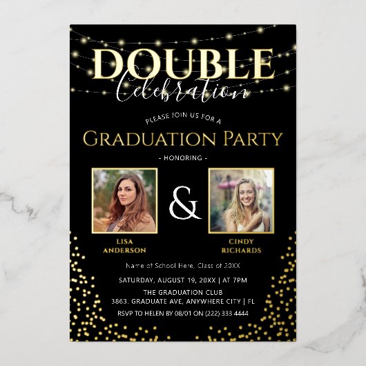 Elegante Double Celebration Graduation Party Gold Folieneinladung (Vorderseite)