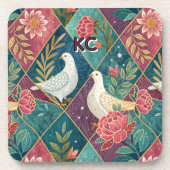 Elegante Doves Rosa Blütenstoff und geometrischer Getränkeuntersetzer (Vorderseite)