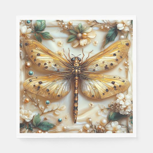 Elegante Dragonfly Blume Gold Metallische Perlen Serviette (Vorderseite)