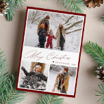 Elegante Drehbuch Merry Christmas 3 Foto Collage Feiertagskarte<br><div class="desc">Einfache minimale rote Rahmen und weiße 3 Fotos der Familie chic handbuchstabiert Frohe Weihnachtskalligraphie Weihnachtskarte Vorlage mit Textnachrichten.             Einfach mit Ihren Bildern und Texten auf beiden Seiten personalisieren.</div>