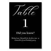 Elegante Drehbuch Schwarz & Weiß Fun Fakten Hochze Tischnummer (Vorderseite)