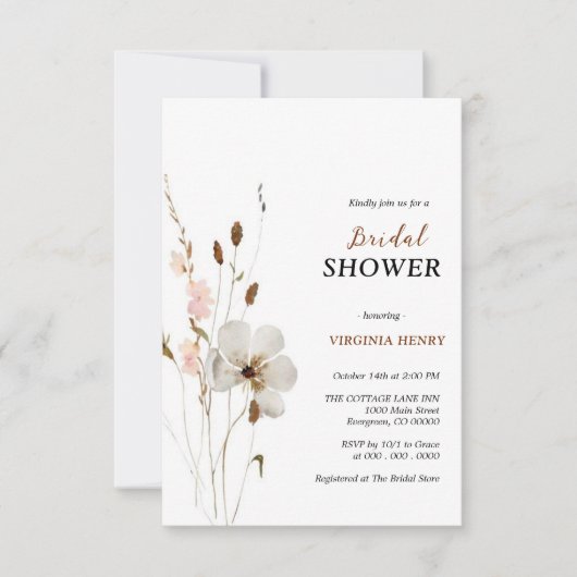 Elegante ducha de novias con flores de Boho Einladung (Vorderseite)