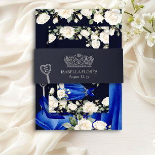 Elegante dunkelblaue Quinceanera-Tiara zum 15. Geb Einladungsbanderole