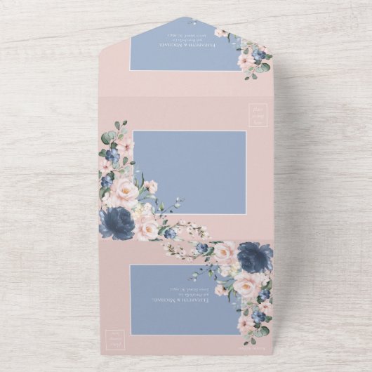 Elegante, dunkelblaue Rosa Rustikale Spitze All In One Einladung (Außenbereich)