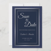 Elegante dunkelblaue Silberne Grenzhochzeit Rettet Save The Date (Vorderseite)