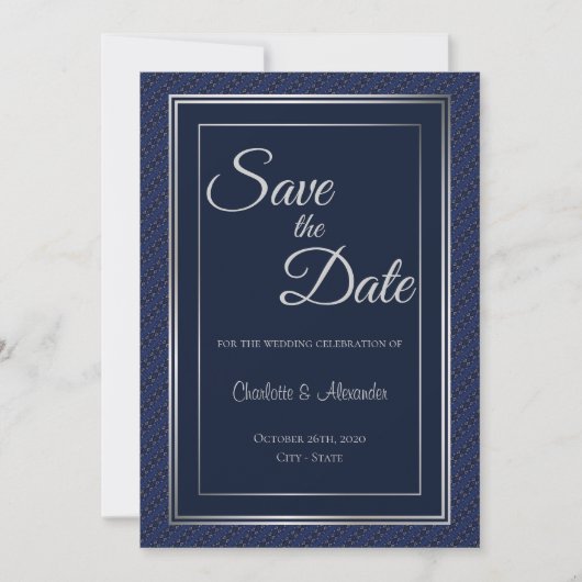 Elegante dunkelblaue Silberne Grenzhochzeit Rettet Save The Date (Vorderseite)