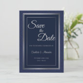 Elegante dunkelblaue Silberne Grenzhochzeit Rettet Save The Date (Stehend Vorderseite)