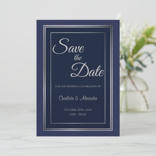 Elegante dunkelblaue Silberne Grenzhochzeit Rettet Save The Date (Stehend Vorderseite)