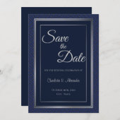 Elegante dunkelblaue Silberne Grenzhochzeit Rettet Save The Date (Vorne/Hinten)