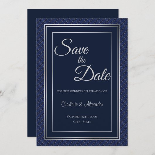 Elegante dunkelblaue Silberne Grenzhochzeit Rettet Save The Date (Vorne/Hinten)