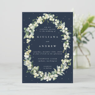 Elegante dunkelblaue Snowberry+Eukalyptus-Hochzeit Einladung