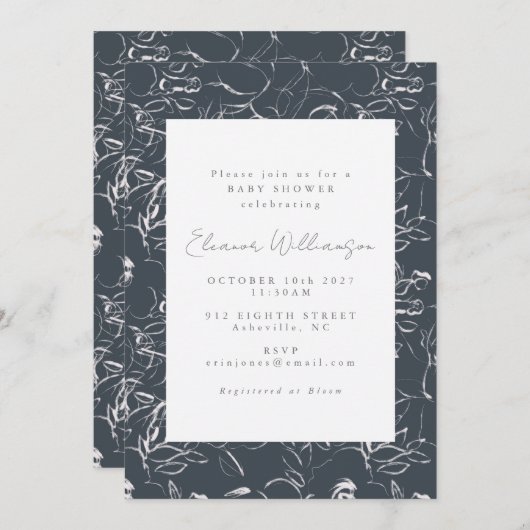 Elegante Dunkelgraue botanische Blume Kinderdusche Einladung (Vorne/Hinten)