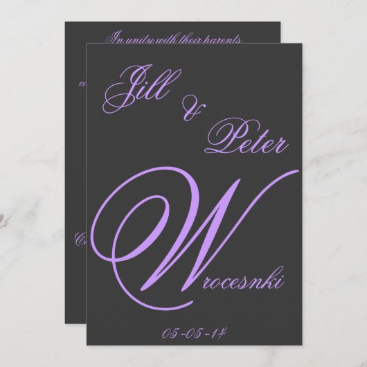 elegante dunkelgraue und lila Hochzeitseinladung Einladung (Vorne/Hinten)