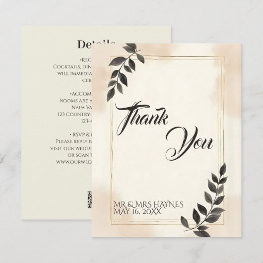 Elegante dunkelgrüne Blatt Hochzeit Dankeskarten (Vorne/Hinten)