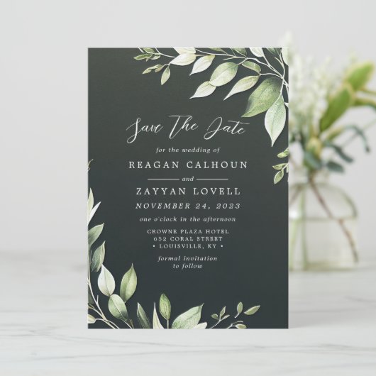 Elegante dunkelgrüne Blätter Save the Date Einladung (Stehend Vorderseite)