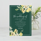 Elegante, dunkelgrüne, gelbe Blumengarten Hochzeit Einladung (Stehend Vorderseite)