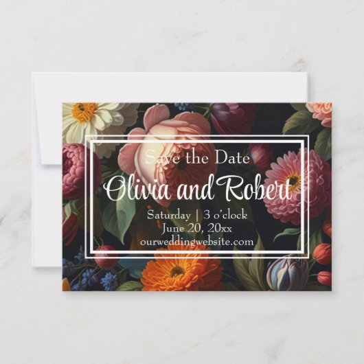 Elegante, dunkelmoody Vintage Flora Save The Date (Vorderseite)