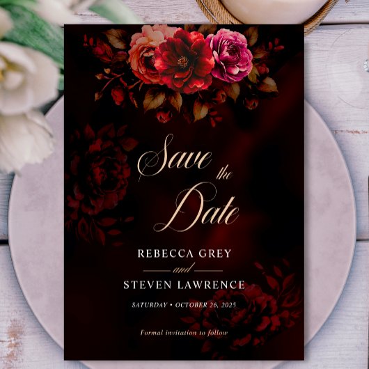 Elegante dunkelrote Blume Hochzeit Save The Date