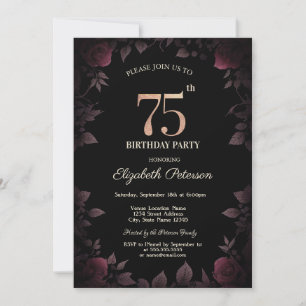 Elegante dunkelrote Burgunderrosen Schwarz 75. Geb Einladung