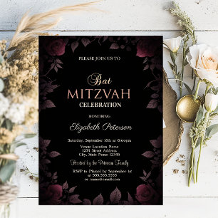Elegante dunkelrote Burgunderrosen Schwarze Bat Mi Einladung