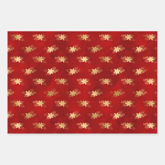 Elegante dunkelrote Goldfolie Weihnachtspoinsettia Geschenkpapier Set (Vorderseite 3)