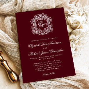 Elegante dunkelrote Monogrammwappen-Hochzeit Einladung
