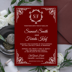 Elegante dunkelrote, verzierte Hochzeitseinladung Einladung