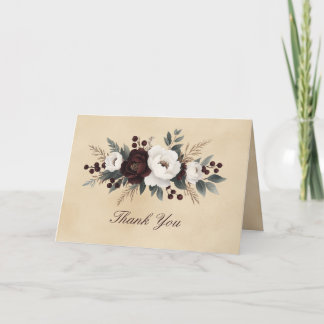 Elegante dunkelrote weiße Blumen Floral Schrift Dankeskarte