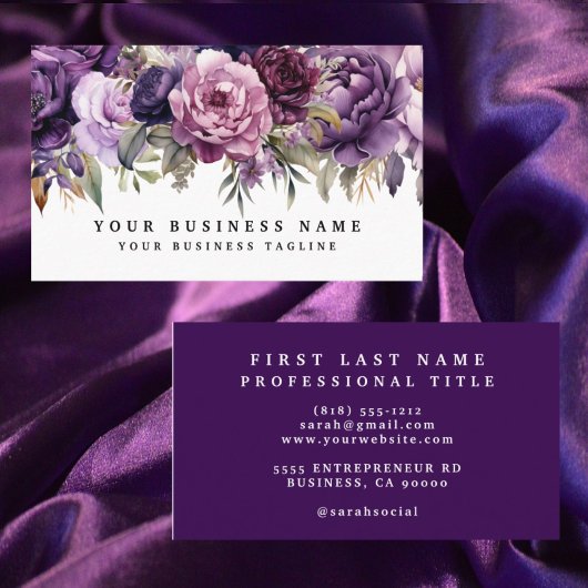 Elegante, dunkelviolette Blumen Business Cards Visitenkarte