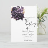 Elegante dunkelviolette Blumen Einladung zur Hochz (Stehend Vorderseite)