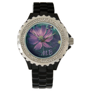 Elegante Dunkelviolette Blumen Foto Kunst Monogram Armbanduhr