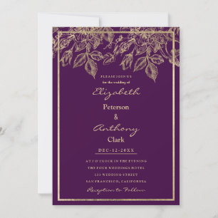 Elegante dunkelviolette goldene luxuriöse florale  einladung