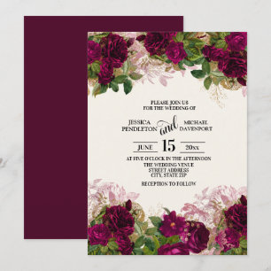 Elegante dunkelviolette Pflaumen-Blumen-Hochzeitse Einladung