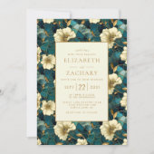 Elegante, dunkle Aquamarine Creme Gold Hochzeit Einladung (Vorderseite)