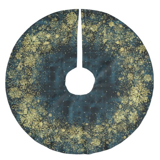 Elegante Dunkle Aquamarine Samt Gold Schneeflocken Polyester Weihnachtsbaumdecke (Vorderseite)