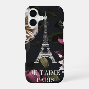 Elegante dunkle Floral Paris Eiffelturm iPhone 16 Hülle