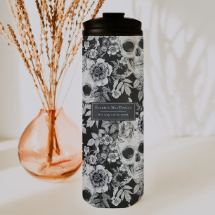 Elegante dunkle florale Totenköpfe auf schwarzem p Thermosbecher