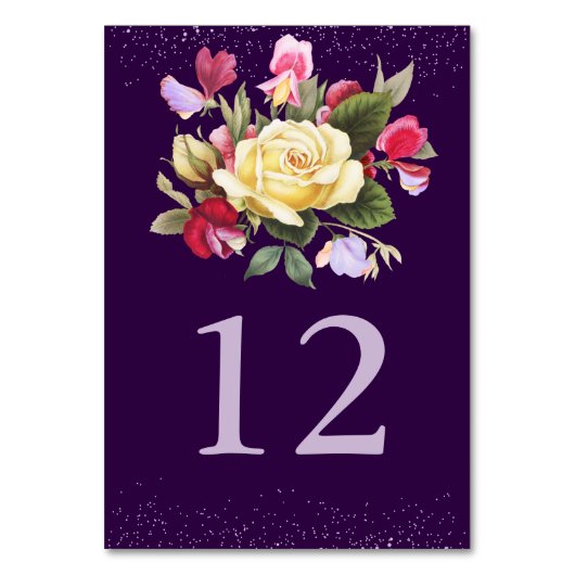 Elegante, dunkle, Lila-gelbe Rosenhochzeit Tischnummer (Vorderseite)