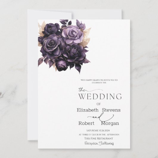 Elegante dunkle Lila Rose Hochzeit Einladung (Vorderseite)