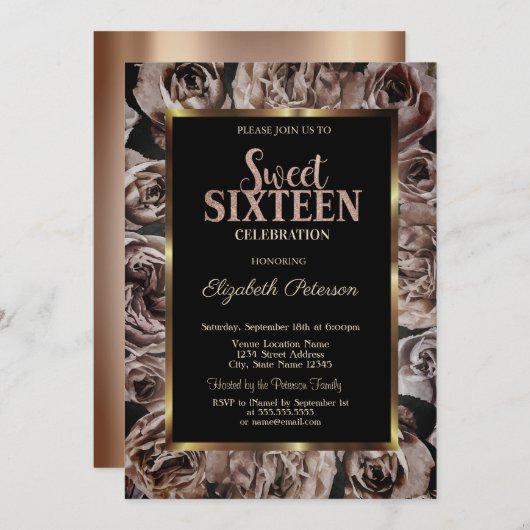 Elegante dunkle Rose Schwarzer Sweet 16 Einladung (Vorne/Hinten)