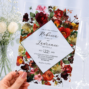 Elegante dunkle, stimmungsvolle Blumenhochzeit Acryleinladungen